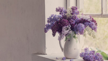 branch of lilac in jug on windowsillの写真素材