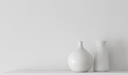 white ceramic vases on wooden shelf on white wallの写真素材