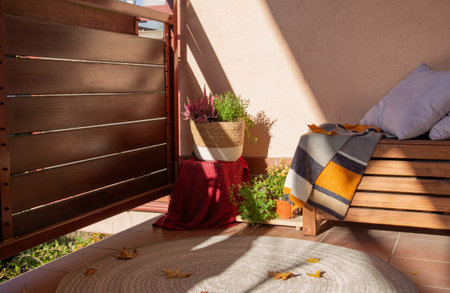 autumn balcony with potted flowersの写真素材