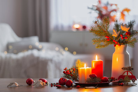 burning candles with Christmas branches on table in white interiorの写真素材