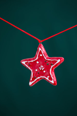 red christmas star on green background