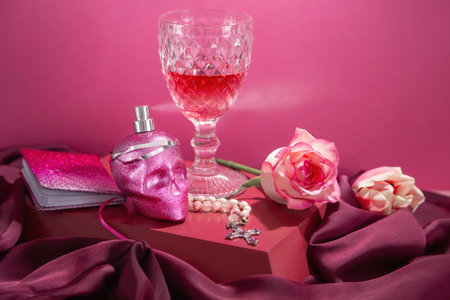 pink still life with perfume bottle in form scull and glass of wineの写真素材