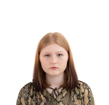 close up portrait young woman isolated on white backgroundの写真素材