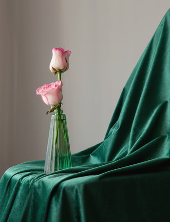 pink roses in green glass vase on background green velvet clothesの写真素材