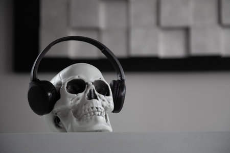 scull in headphones on gray backgroundの写真素材