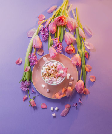 pink cup of cocoa with marshmallow with spring flowers on purple backgroundの写真素材