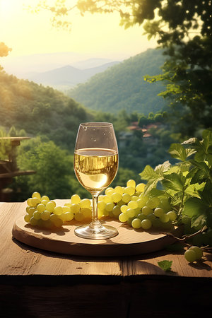 glass of white wine with green grapes on wooden table on mountain backgroundの素材