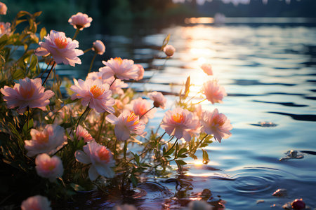 pink flowers by side of lake in sunny day close upの素材