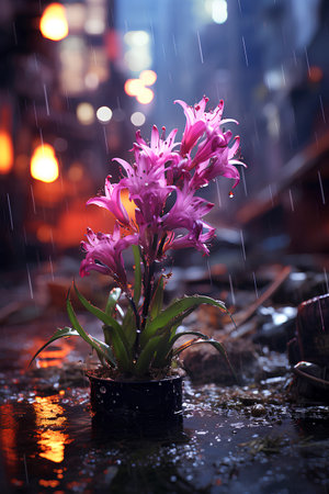 pink hyacinth growing in the middle of street in the rainの素材