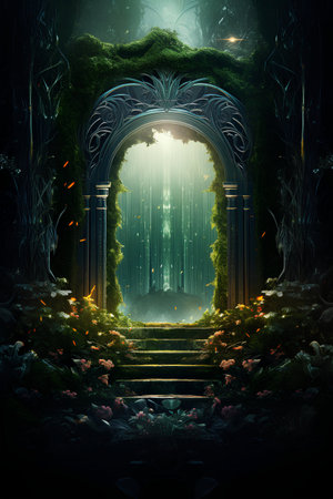 magical gates in dark forest covered in mossの素材