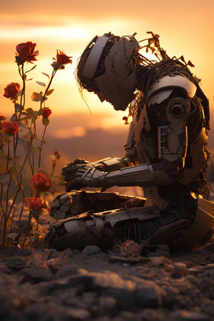 sad robot sitting on the ground touching red flowersの素材