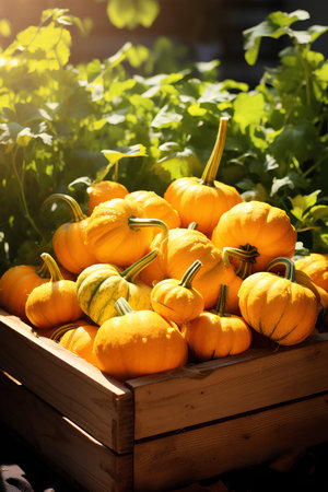 ripe colorful pumpkings in wooden box on sunny dayの素材