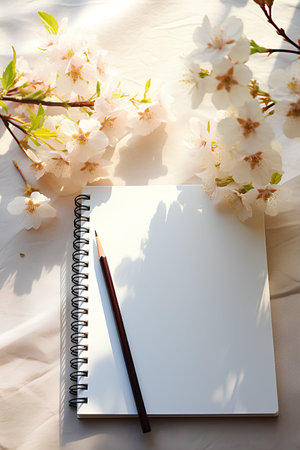 blank notebook with white flowersの素材
