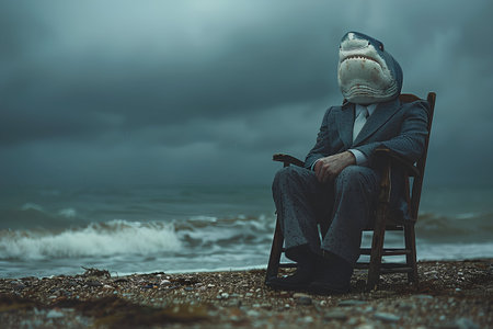 shark in business suit sitting on chair on beach in bad cloudy weatherの素材