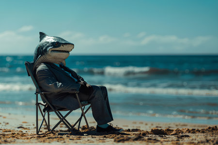 shark in business suit sitting on chair on sunny beachの素材