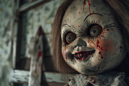 scary old doll with creepy smile and blood all over face close upの素材