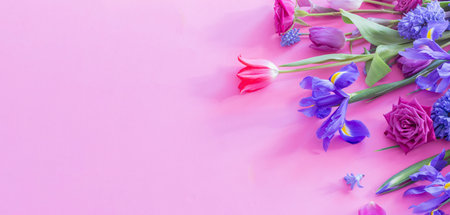 beautiful spring flowers on pink paper background