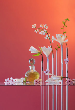 vintage bottle of perfume with spring flowersの写真素材