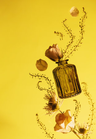 flying flowers in glass vase on yellow backgroundの写真素材