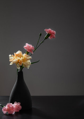 pink carnations in black vase on black tableの写真素材