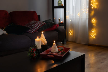 christmas decor with white candles indoorの写真素材
