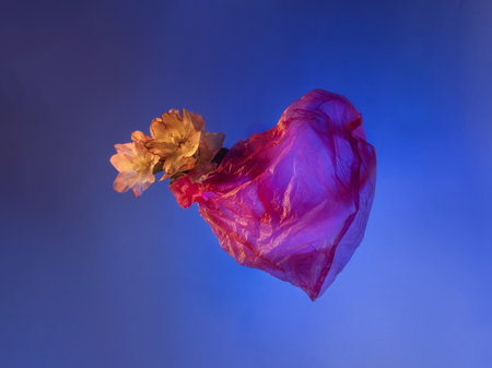 spring flowers in plastic bag in form of heartの写真素材