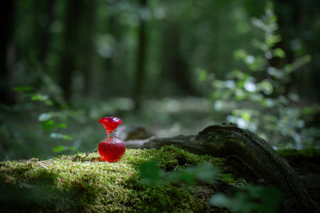 magican potion in glass bottle in summer forest
