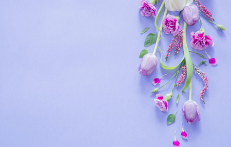 frame of beautiful flowers on purple backgroundの写真素材