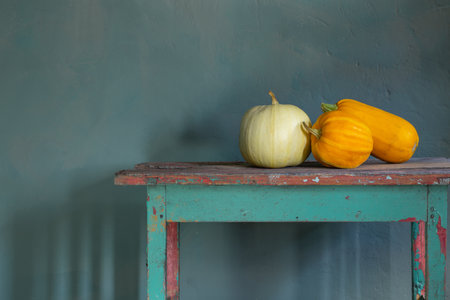 pumpkins on old wooden table on background green wallの写真素材