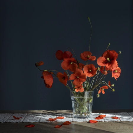 bouquet of red poppies in glassの写真素材