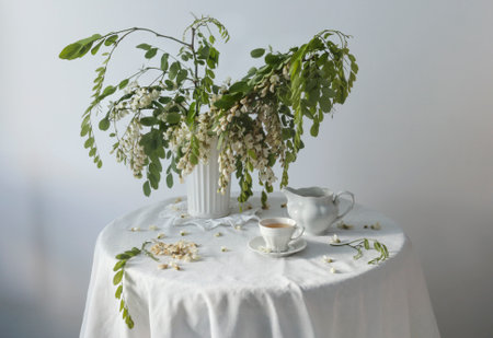 vintage still life in light tones with blooming acaciaの写真素材