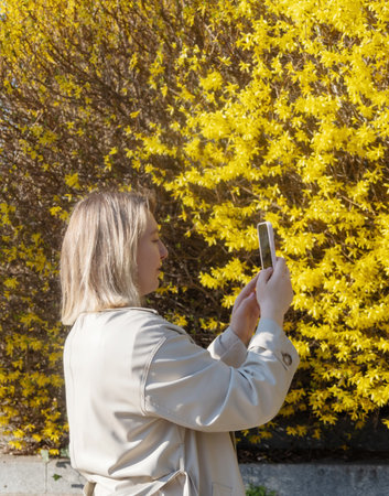 blonde woman take a picture on smartphone in spring parkの写真素材
