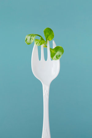 a small leaf of lettuce on a large white forkの写真素材