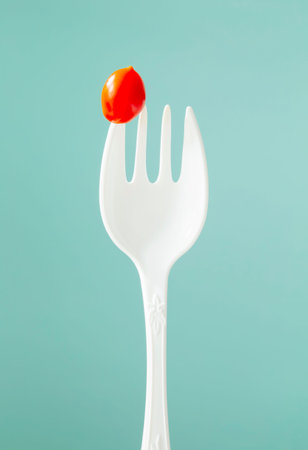 little red tomato on big white forkの写真素材