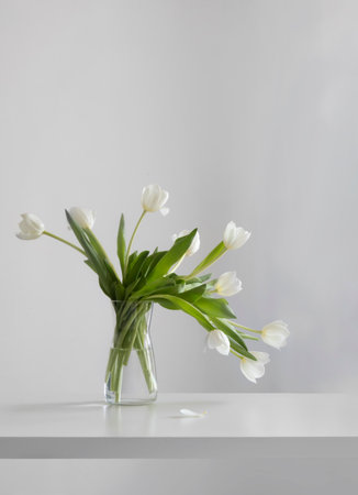 white tulips in glass vase in white interiorの写真素材