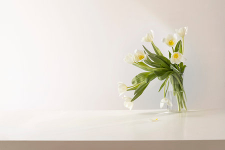 white tulips in glass vase in white interiorの写真素材