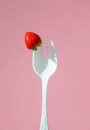 red ripe strawberries on a large plastic fork