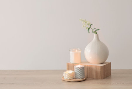 eco-friendly flower arrangement in a vase in light natural tonesの写真素材