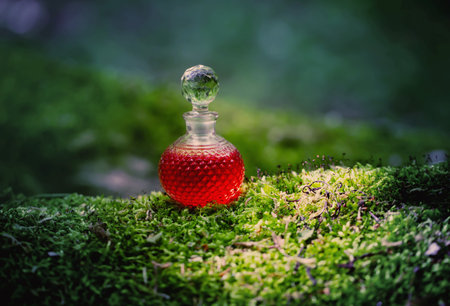magican potion in glass bottle in summer forestの写真素材