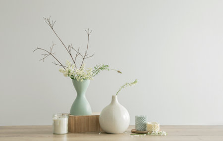 eco-friendly flower arrangement in a vase in light natural tonesの写真素材