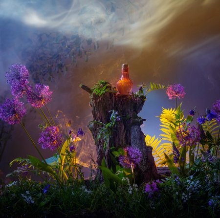 bottle of magic potions in magical forestの写真素材