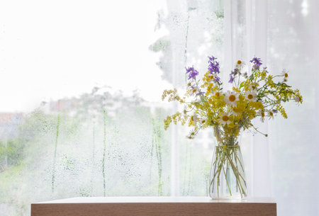 wildflowers in glass vase on background rainy windowの写真素材