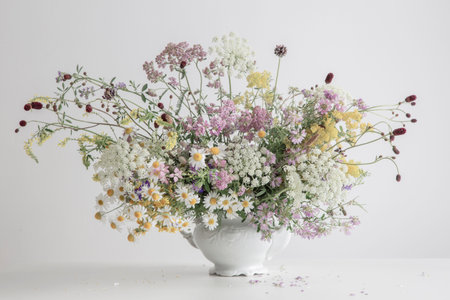 summer wild flowers in white teapot on white backgroundの写真素材