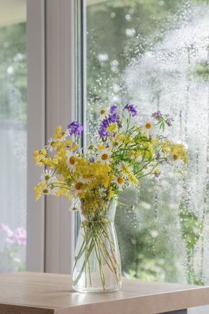 wildflowers in glass vase on background rainy windowの写真素材