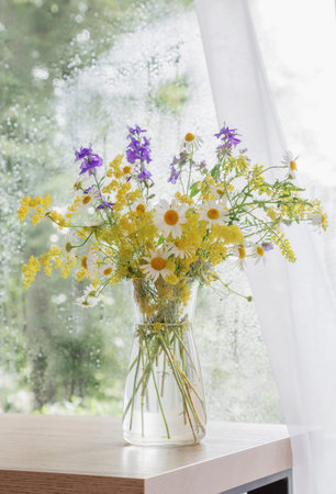 wildflowers in glass vase on background rainy windowの写真素材
