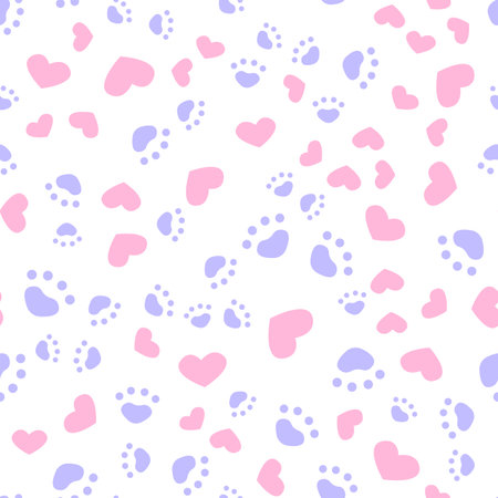 Animal paws and hearts seamless pattern pastel colors. Vector drawingのイラスト素材