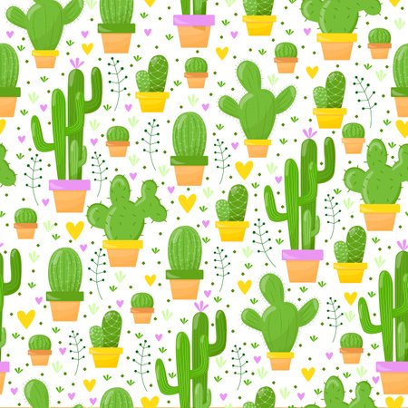 Vector seamless pattern with various cactuses in pots. juicy repeating texture with green cacti, hearts. Background with desert plants for wrapping paper, wallpaper, textiles.のイラスト素材