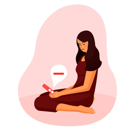 young beautiful woman is looking at pregnancy test. Negative pregnancy test Girl sitting on the floor crying she is not pregnant. A woman in despair. Concept vector illustration flat white backgroundのイラスト素材