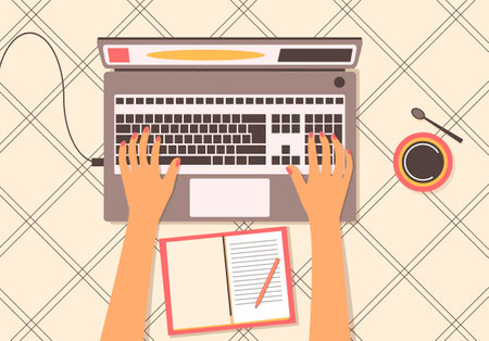 Female hands on the keyboard top view. A female freelancer works remotely. The girl makes notes in a notebook is trained on a laptop online. vector illustration in the style of flat. conceptのイラスト素材