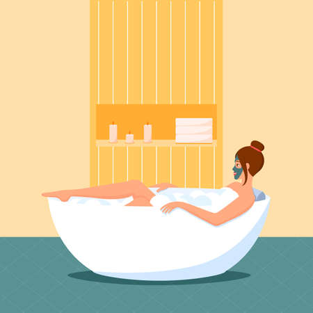 A woman takes a bath with a mask on her face. Home spa salon. A relaxing bath with candles and foam and bubbles. Self-care. Time for yourself. vector illustration in the flat style. The conceptのイラスト素材